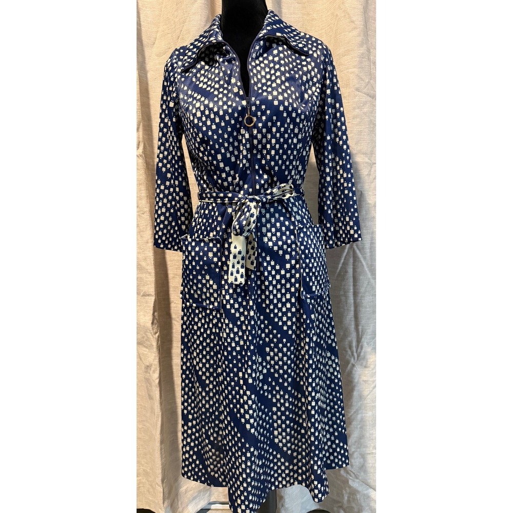 Vintage Damon Dress Navy Blue White Geometric Zip Front Midi Belted 70s Dress